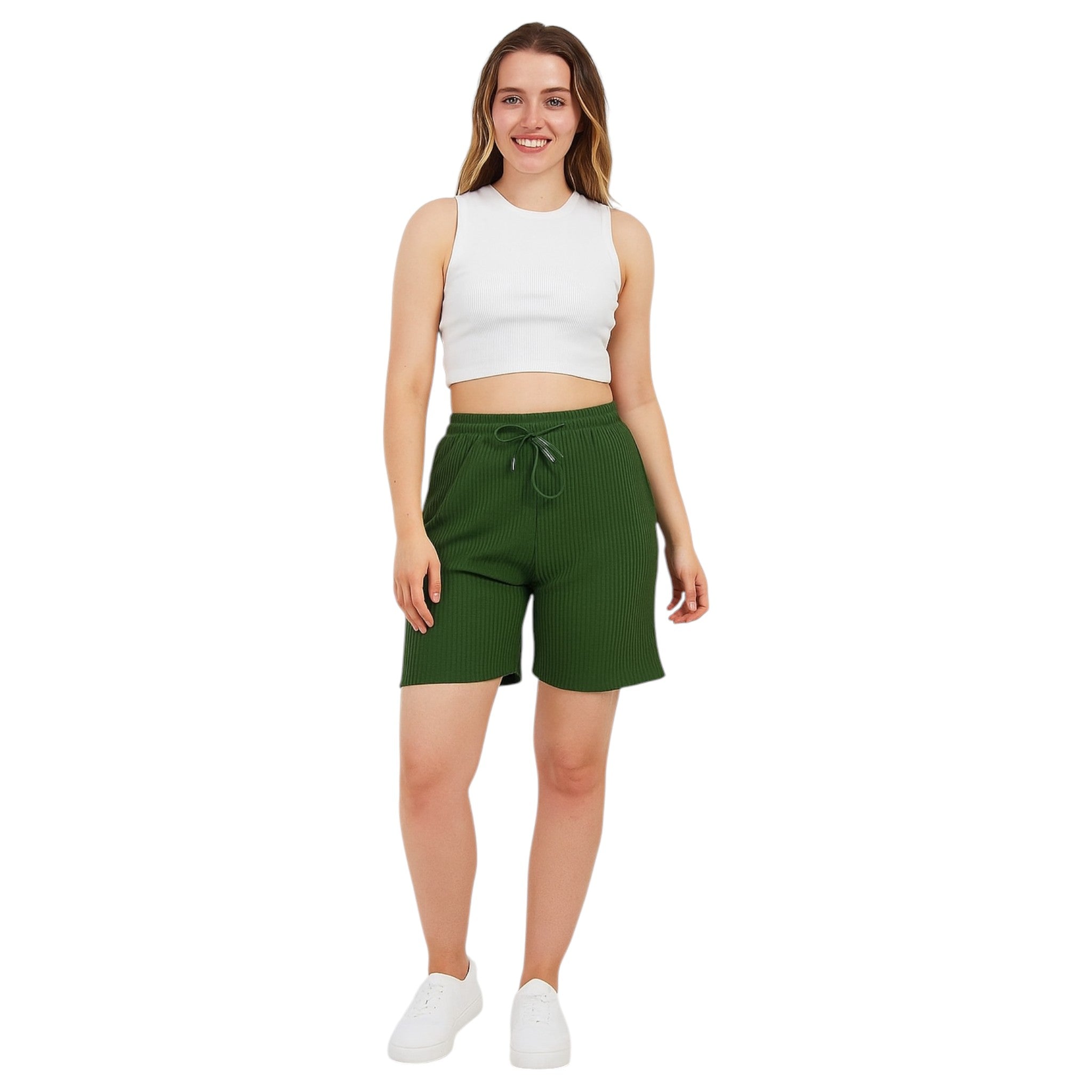 Women's pleated lounge shorts in khaki with drawstring waist – soft casual summer shorts